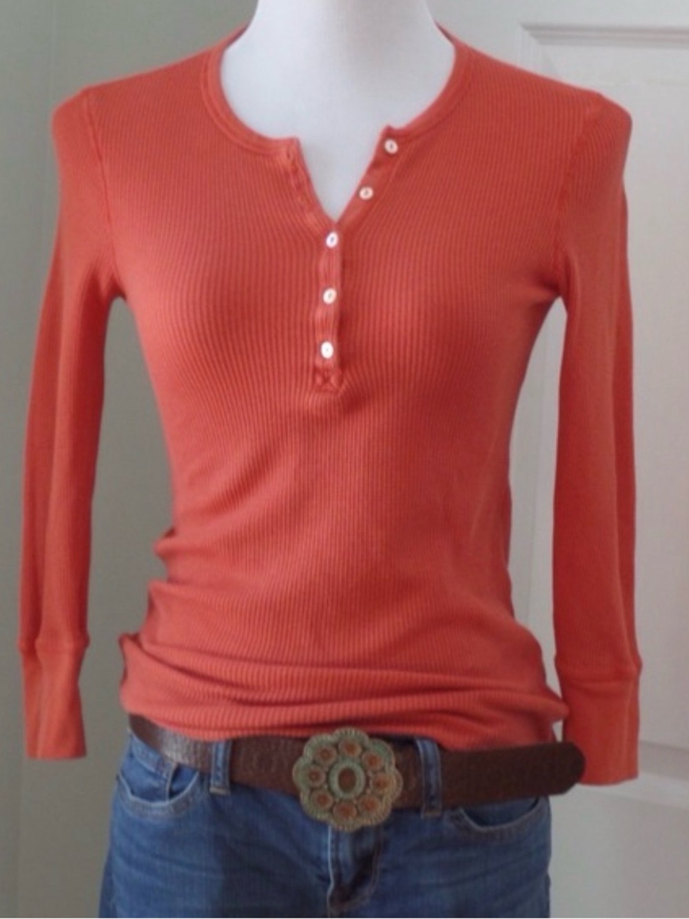 Splendid Coral 3/4-Sleeve Waffle Henley